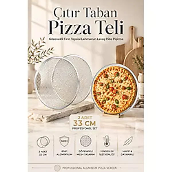 Transformacion Pizza Teli 2'li Set 33 cm Çıtır Taban Hamur Pişirme Izgarası Gözenekli Fırın Tepsisi Lahmacun Lavaş Pide Pişirme Ekranı Çok Amaçlı Süzme Izgarası Profesyonel 6061 Alüminyum 723397