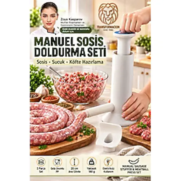 Transformacion Pratik Manuel Sosis Doldurma Makinesi Ev Tipi Sucuk Yapma Aparatı ve Köfte Şekillendirici Pres Seti 723747