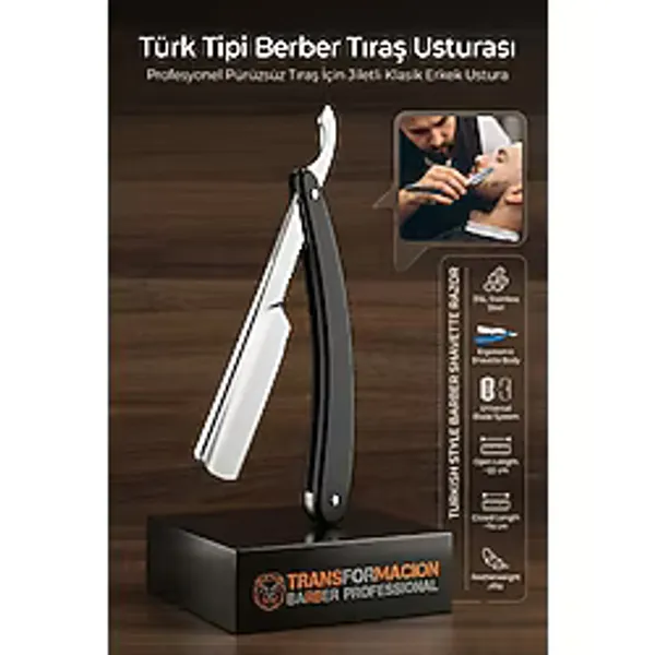 Transformacion Türk Tipi Profesyonel Berber Usturası, Sakal Şekillendirme ve Pürüzsüz Tıraş İçin Jiletli Klasik Erkek Ustura, Türk Tipi Çelik Tıraş Bıçağı 715642