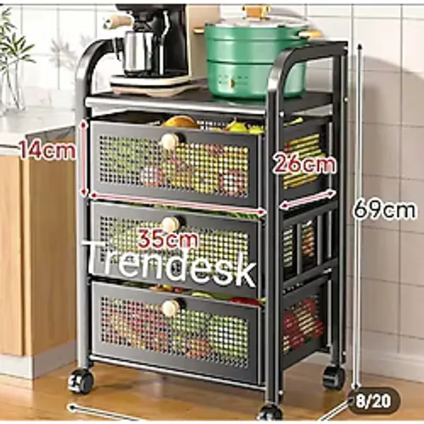TRENDESK 3 Katlı Metal Siyah Çekmeceli Tekerlekli patates soğan sepeti sebze meyve sepeti sebzelik