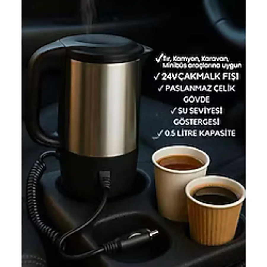 Trendhane 24 Volt KAMYON KAMYONET OTOBÜS VS UYUMLU Kettle Su Isıtıcı Çelik Kettle( 800 MİLİ LİTRE)
