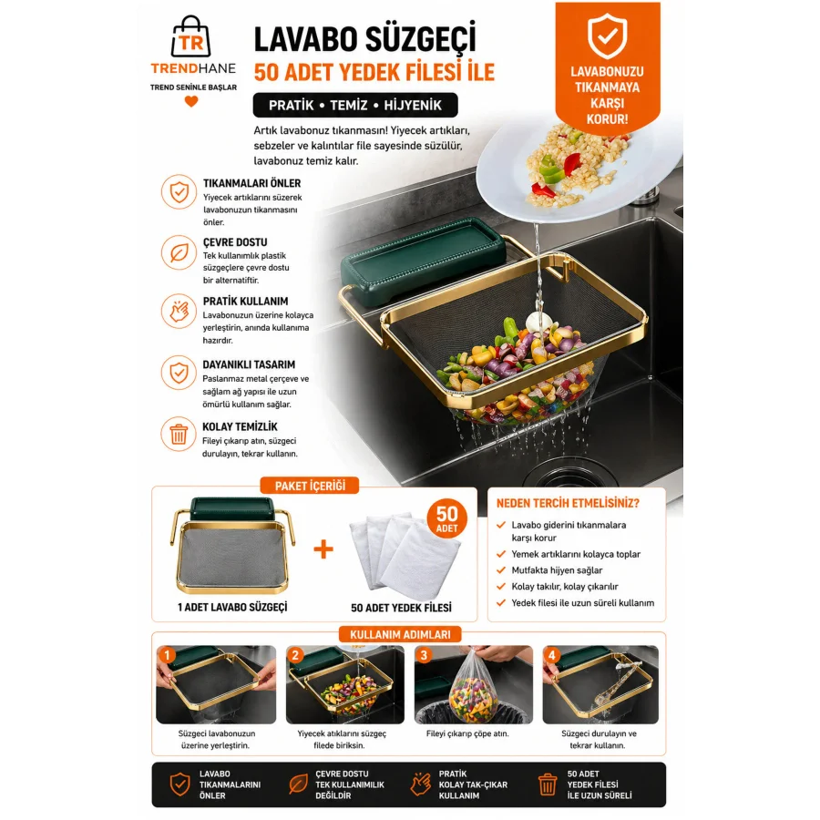 Trendhane Katlanır Mutfak Lavabo Süzgeci L Tıkanıklığa Son L 50 Adet Süzgeç Hediye