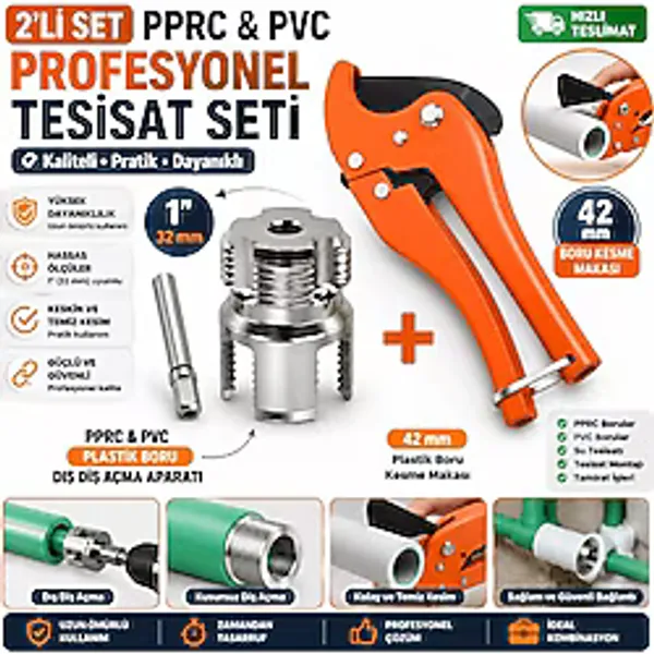 Trendhane Pprc & Pvc Plastik Boru Diş Açma Aparatı + 42 mm Plastik Boru Kesme Makası - Profesyonel 2'li Set - 1