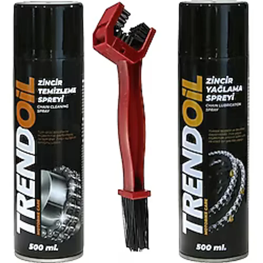 Trendoil Motosiklet Zincir Temizleme Spreyi +Zincir Yağlayıcı Spreyi 500'Er Ml+Zincir Temizleme Fırçası
