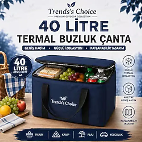 Trends's Choice 40 Litre Termal Buzluk Çanta Katlanabilir Piknik Kamp Plaj ve Yolculuk İçin Soğuk Sıcak Koruyucu Seyehat Çantası - Lacivert