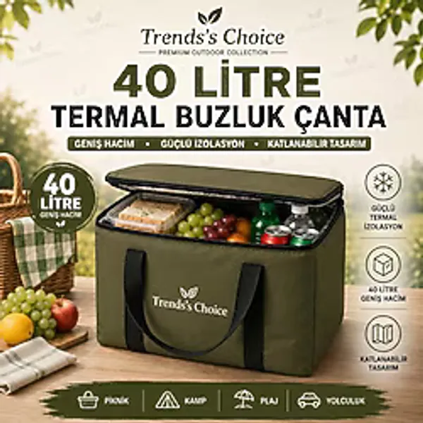 Trends's Choice 40 Litre Termal Buzluk Çanta Katlanabilir Piknik Kamp Plaj ve Yolculuk İçin Soğuk Sıcak Koruyucu Seyehat Çantası - Haki