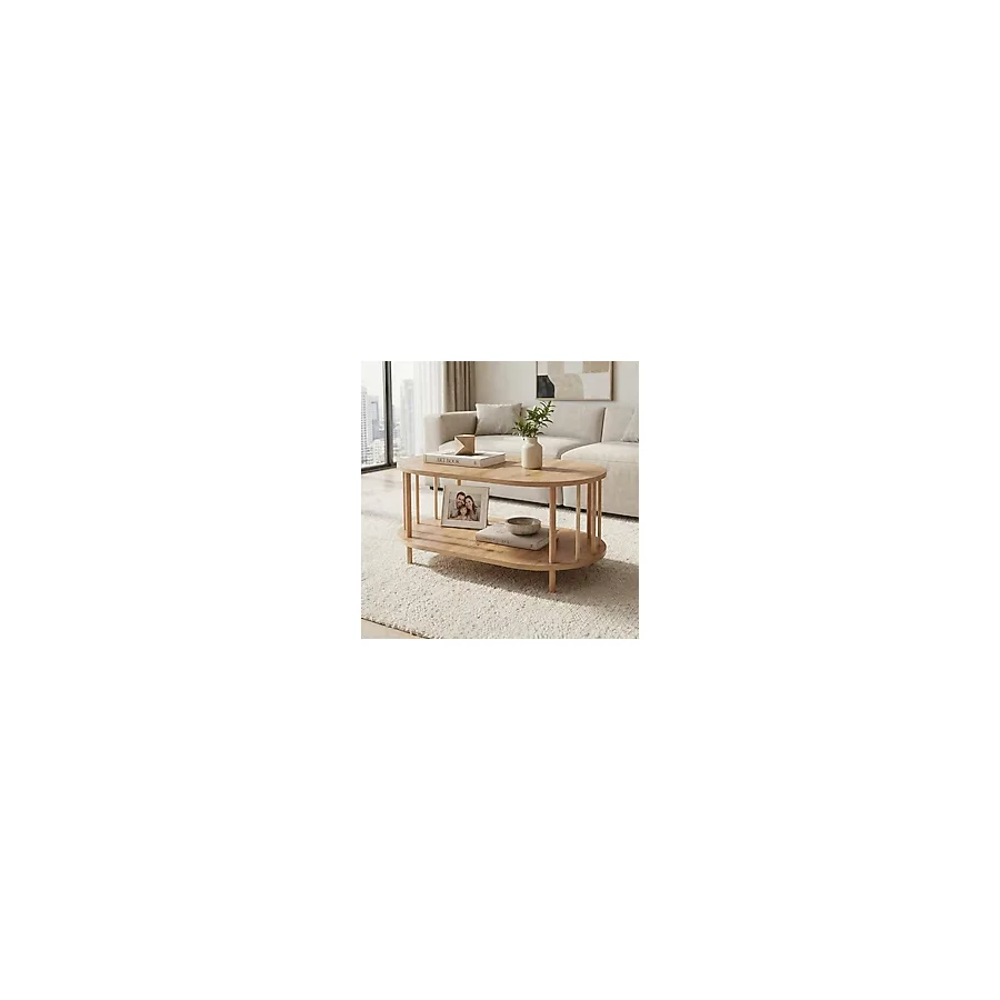 tridihome Iskandinav Tarzı Masif Ahşap Oval Orta Sehpa Çift Katlı Raflı Salon Ofis Sehpası 50X90X43 cm - kahverengi