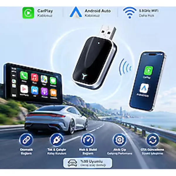 Triline Kablosuz Carplay Android Auto Mini 2in1 USB Wireless Carplay Dönüştürücü Type-C Otg Destekli
