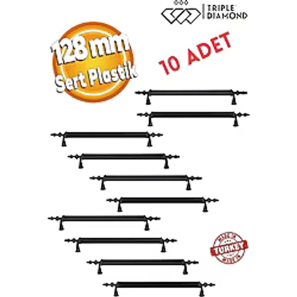 Triple Diamond 128 mm Mat Siyah Çekmece Kulpları Dolap Mobilya Kulp Sert Polimer Kulpu ( 12.8 cm ) = 128MM ( 10 Adet ) - 6.5