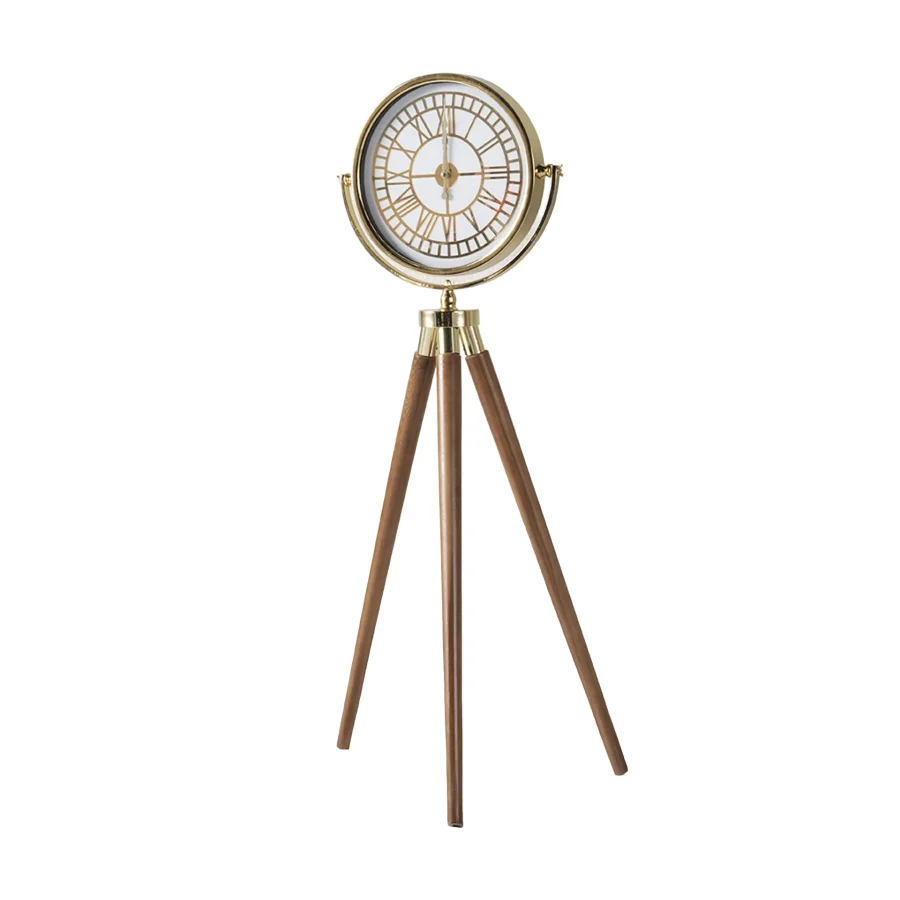 Tripod Ahşap Saat Gold-Beyaz Ceviz Ayak