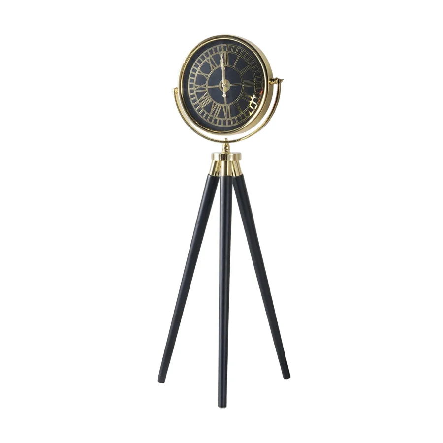 Tripod Ahşap Saat Gold-Siyah Siyah Ayak