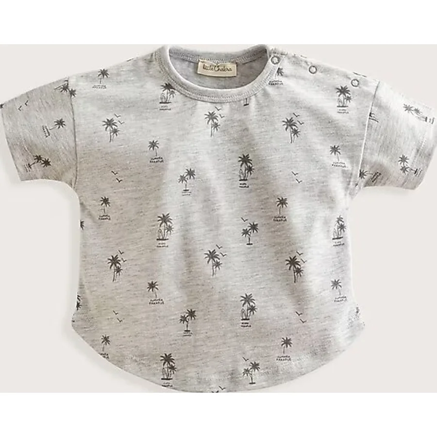 Tropic Düğmeli Baskılı Tshirt Gri Melanj