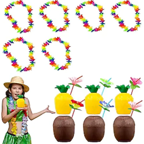 Tropikal Hawaii Parti Malzemeleri - Kolye, Pipet, Bardak Seti