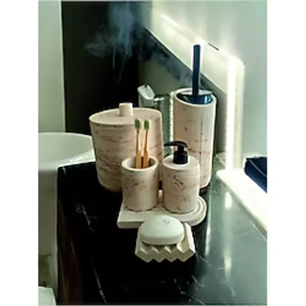 Trust Stone Mermer Serisi Kahve Bej Beton Banyo Seti,Çöp Kovasi,Tuvalet Fırçası Takim