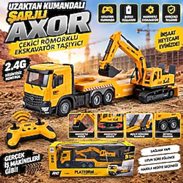 Trust Store 2.4g Uzaktan Kumandalı Dev Boy 52 cm Şarjlı Axor Römorklu Ekskavatör Iş Makinesi Oyuncak