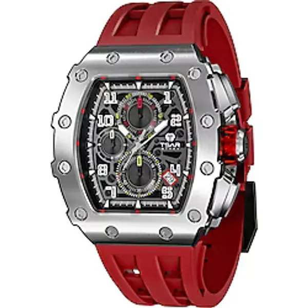 Tsar Bomba TB8204Q-33 Elemental Çelik Erkek Kol Saati Seiko VK67 Quartz Kronograf Takvimli Safir Cam - Kırmızı - Gümüş