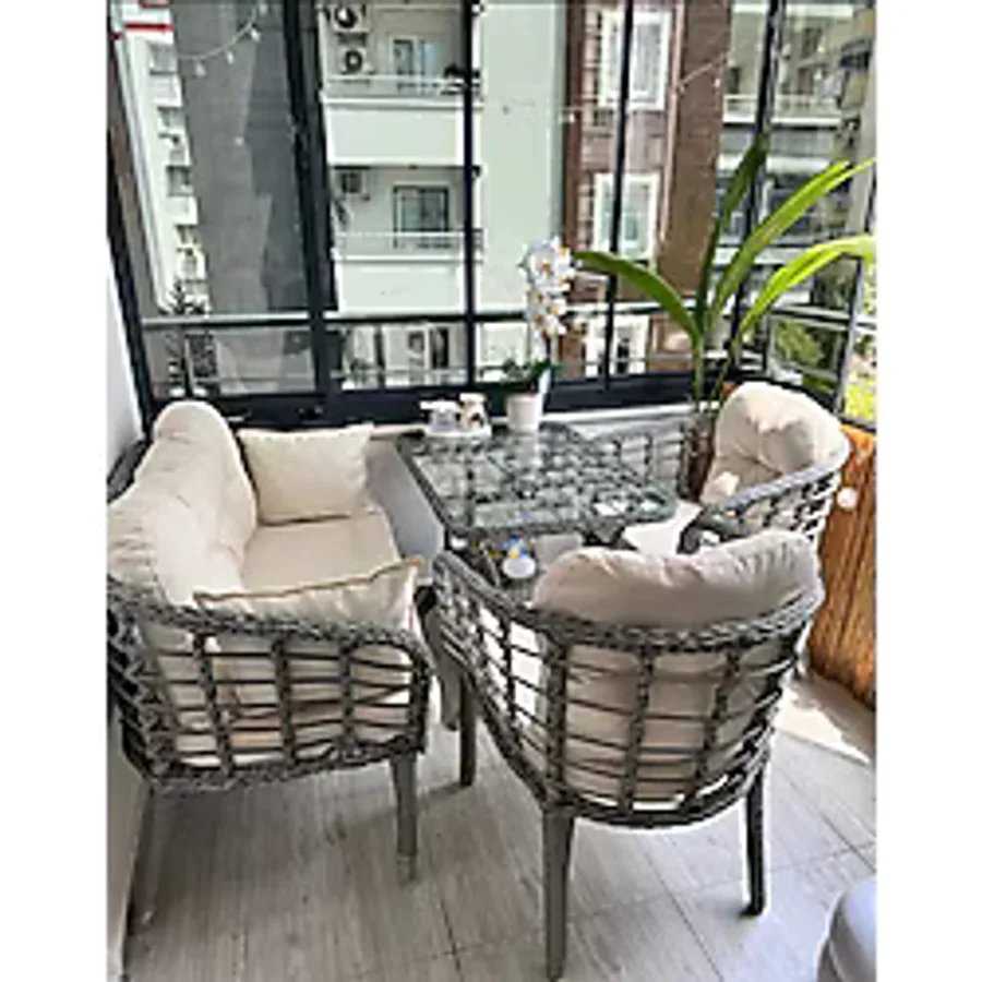 Tu Tienda Kartepe 2 1 1 Rattan Bahçe Balkon Takimi,gri Rattan/krem Kumaş Vizon