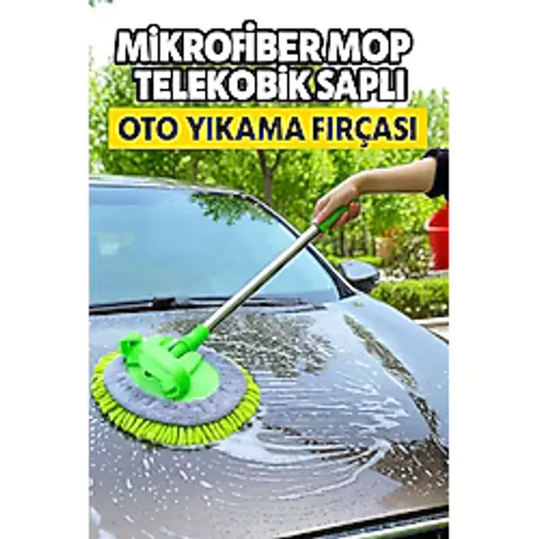 Tucera Teleskopik Mikrofiber Oto Yıkama Mop Yeşil - Araba Yıkama Fırçası +1 Yedek Bez Hediye