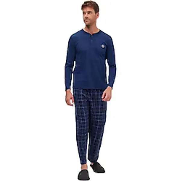 Tudors Erkek Regular Fit Pamuklu Düğmeli Yaka Beli Lastikli Desenli İndigo Pijama Takımı