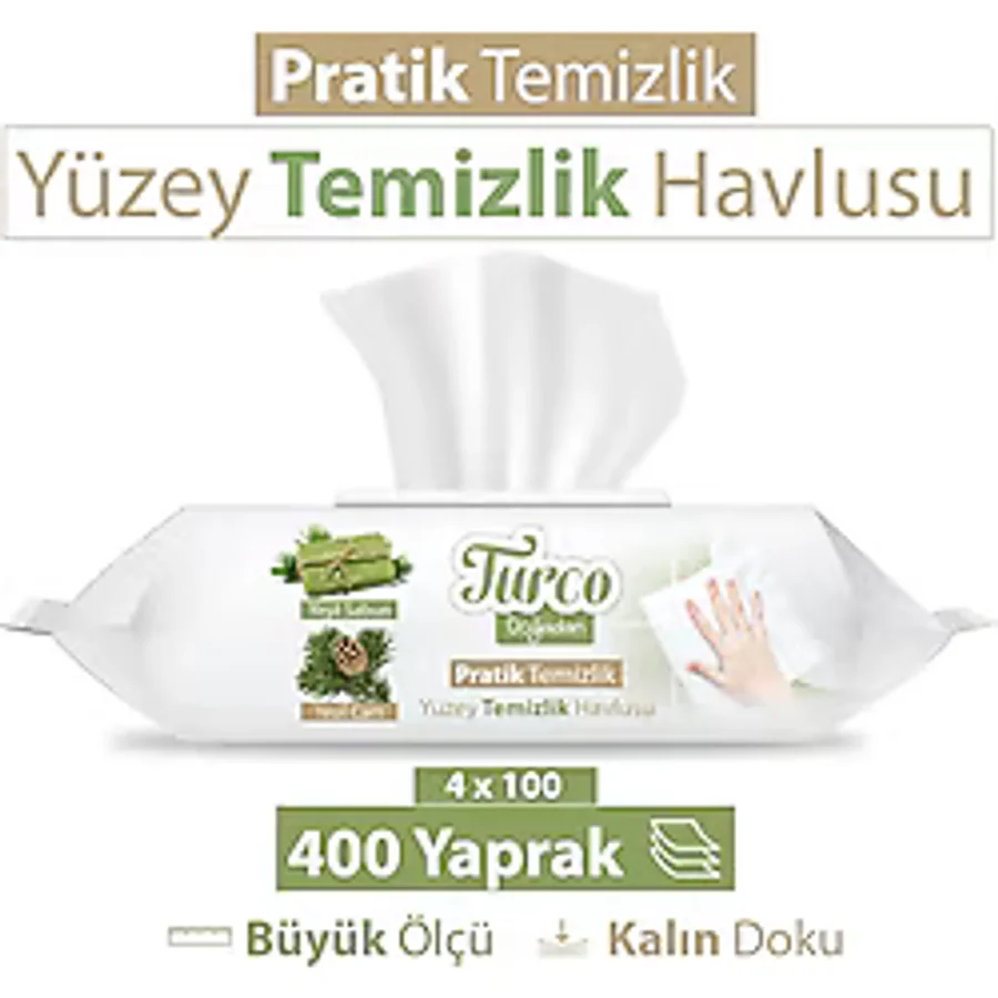 Turco Doğadan Yeşil Sabun Yüzey Temizlik Havlusu 100 Yaprak 4'lü
