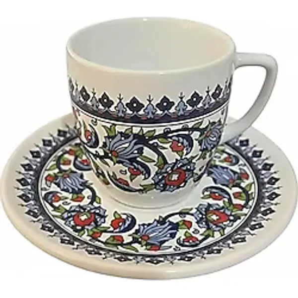 Türk Kahvesi Fincanı ve Tabak Seti,Seramik Çift Parça Kahve Takımı,El İşi İznik Desenli,Geleneksel Çini Motifli Dekoratif Sunum Fincanı,Misafir Sunumları ve Hediye Seçenekleri İçin Özel Tasarım