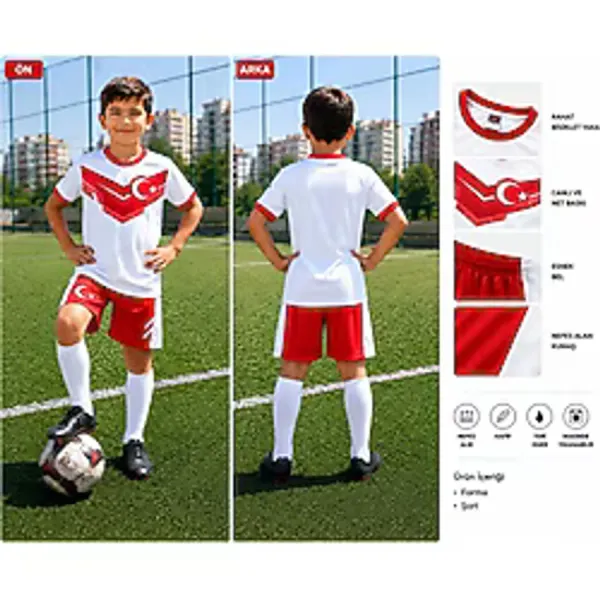 Türkiye Milli Takım Yakalı 02 Özel Tasarım Beyaz-Kırmızı Çocuk Futbol Forması Takımı 4 Lü Set Forma+Şort+Çorap+Bileklik