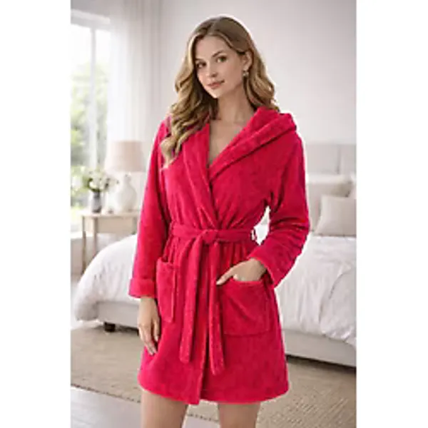 Türkühome Kapüşonlu Kadın Wellsoft Bornoz - Sabahlık - L - XL - Fuşya