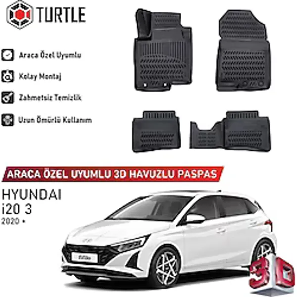 Turtle Hyundai I20 (Bc3) 2020-2026 Uyumlu 3D Havuzlu Oto Paspas - Siyah