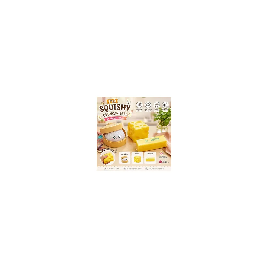 TÜTSÜ SEPETİ BÜYÜK BOY Butter Squishy ve Cheese Squishy 3'lü Set Tereyağı Sukuşi Peynir Sukuşi Slow Stres Oyuncakları simli populer çin mantısı dumpling sürpriz renk