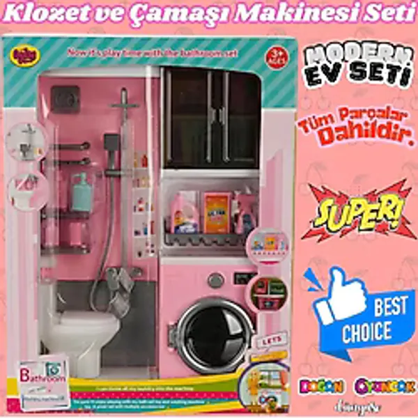 Tuvalet ve Çamaşır Makinesi Banyo Seti - Modern Banyo Seti - Minyatür Ev Oyuncak Seti - Banyo Oyunca