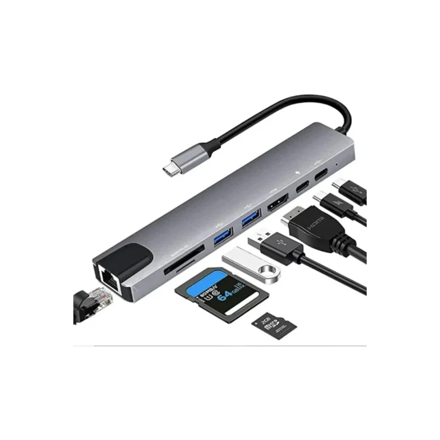 Type-C 8 in 1 Hub Çoklayıcı Adaptör 4K HDMI, Ethernet RJ45, USB 3.0, 87W PD Şarj