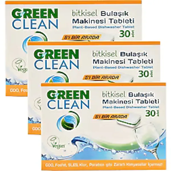 U Green Clean 30'lu x 3 Bitkisel Bulaşık Makinesi Tableti Kokusuz ve Ekstra Temizleyici