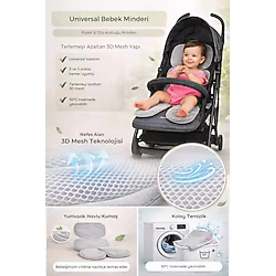 ubeybi Universal Bebek Minderi - Terlemeyi Azaltan 3D Mesh Puset ve Oto Koltuğu Şiltesi