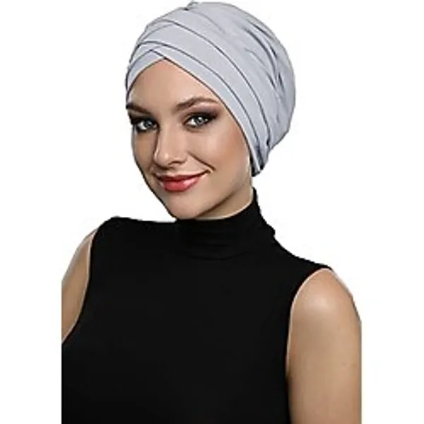 Üç Bantlı Açık Gri Hazır Türban Tesettür Havuz Bonesi