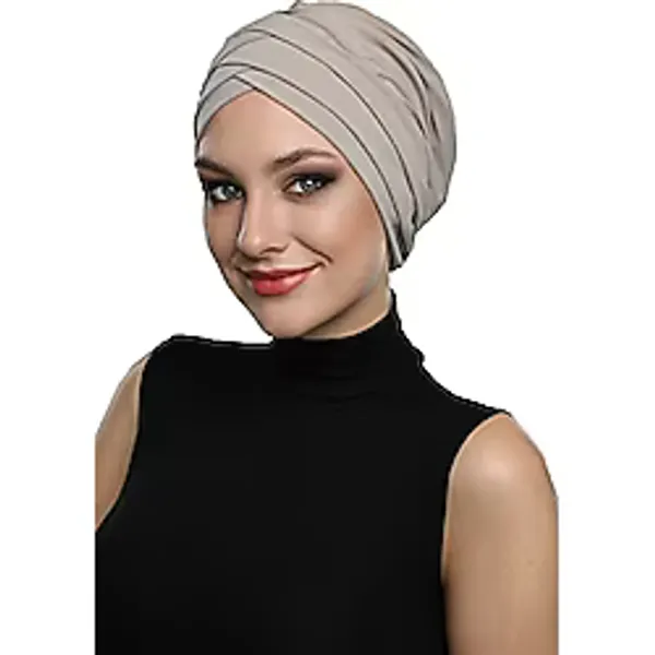 Üç Bantlı Bej Hazır Türban Tesettür Havuz Bonesi