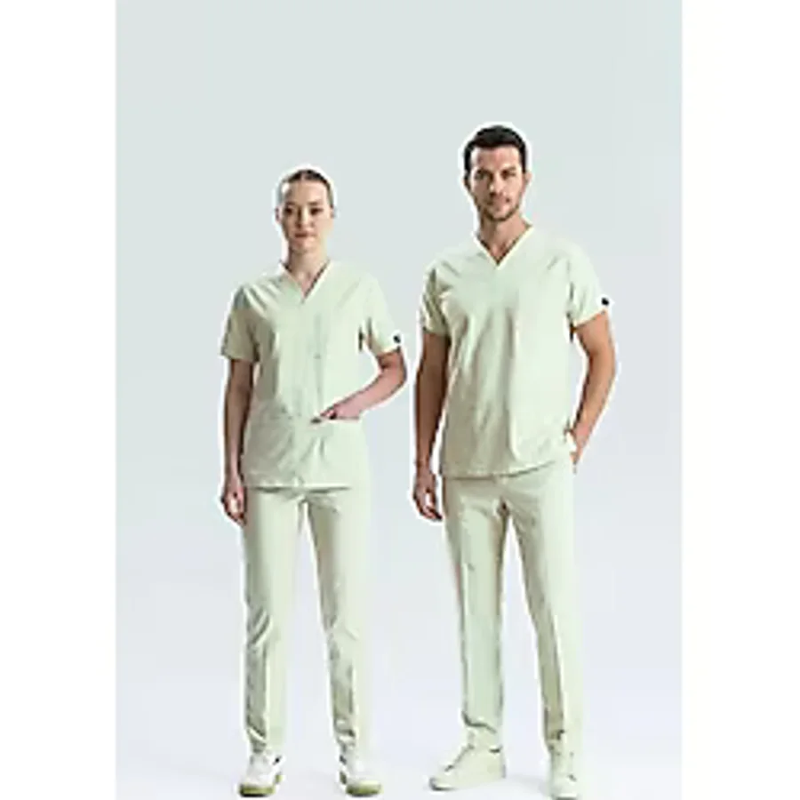 Uçak İş Giyim Bej Sağlık Teknisyen/tekniker ve Tıbbi Sekreter Forması Likralı Scrubs Takım (Moth) - 2XS