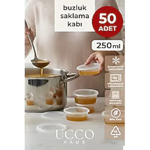 UCCO 50 Adet 250 ml Sızdırmaz Kapaklı Sosluk Buzluk Saklama Kabı, Et Suyu, Kemik Suyu Mutfak Organizeri