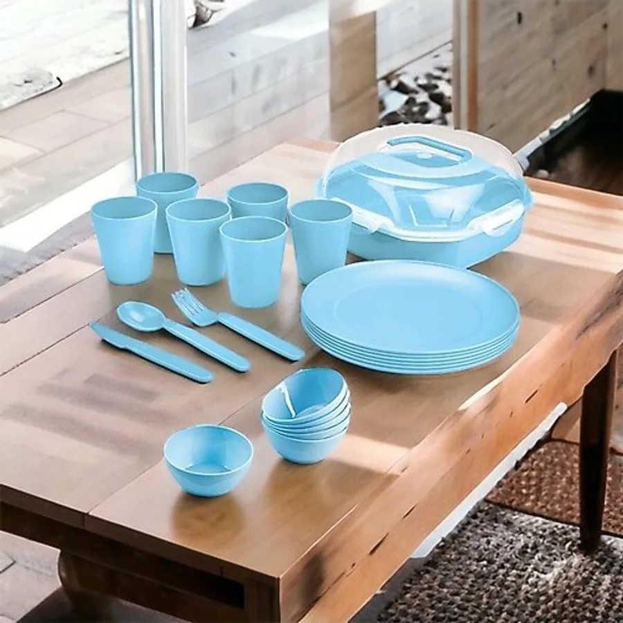 Üçsan Plastik Piknik Seti / 38 Parça 6 Kişilik Kaseli Çantalı Elegant Piknik Seti Turkuaz