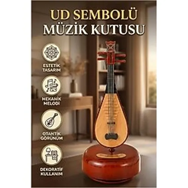 Ud Figürlü Ahşap Görünümlü Müzik Kutusu Dekoratif Melodili Tasarım