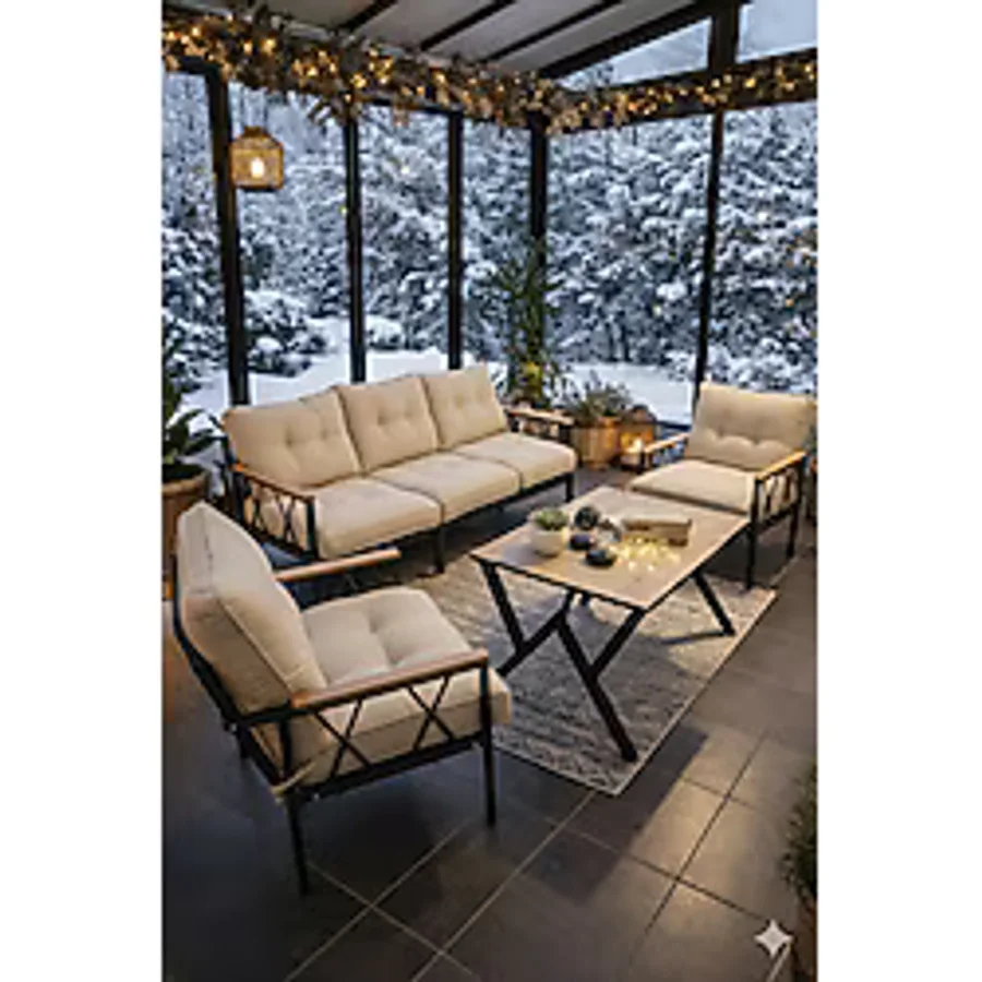Ufuk Home Miray 311 Masalı Krem Fermuarlı Bahçe Balkon Takımı, Salon, Teras- Berjer Düğmeli Metal Çay Seti