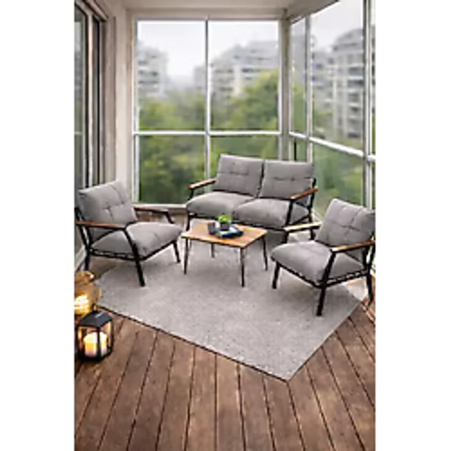 UFUK HOME Sehpalı Açıkgri Fermuarlı Bahçe Balkon Takımı, Cafe, Salon - Metal Kanepe Koltuk Takımı