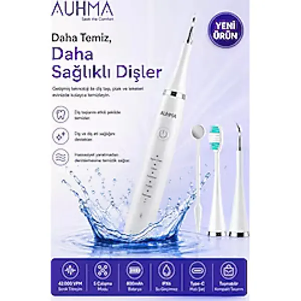 Ultrasonic Şarjlı Elektrikli Akıllı Diş Temizleme Cihazı Beyazlatıcı 5 Mod 3+1 Başlık, Ipx8 Su Geçirmez Beyaz