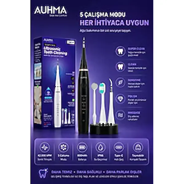 Ultrasonic Şarjlı Elektrikli Akıllı Diş Temizleme Cihazı Beyazlatıcı 5 Mod 3+1 Başlık, Ipx8 Su Geçi - Siyah