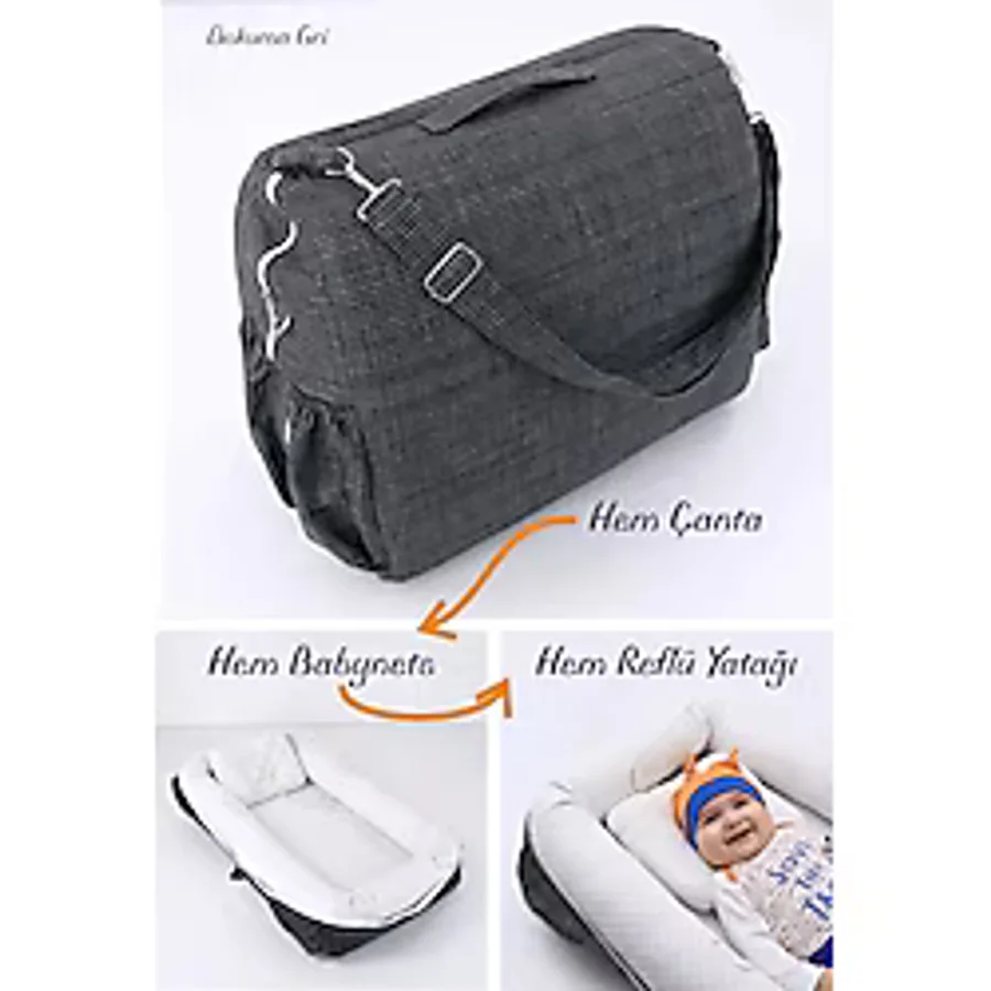 Umay Bebek Çantalı Taşınabilir Reflü Yatağı, Yastığı, Babynest, Anne Çantası - Dokuma Gri