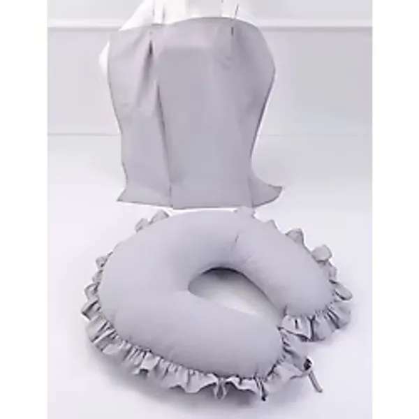 Umay Bebek Emzirme Yastığı, Emzirme Önlüğü Set - Pamuklu Kumaş - Gri Fırfırlı