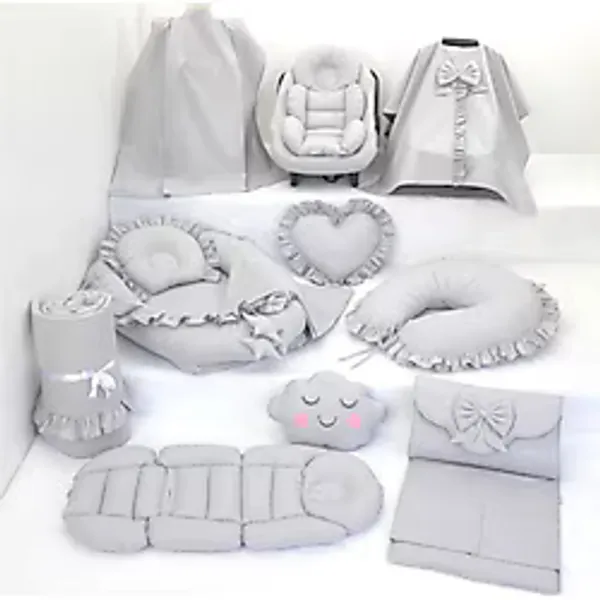 Umaybebek Babynest Puset Örtüsü Alt Açma Emzirme Yastığı Bel Destekli Ana Kucağı Bebek Arabası Minderi-Panço-Gri Fırfırlı P
