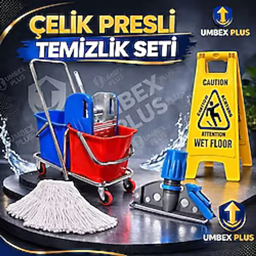 Umbex Çift Kovalı Krom Temizlik Arabası Paspas Arabası Islak Mop Setli Kaygan Zemin Levhalı Set - Çelik Presli