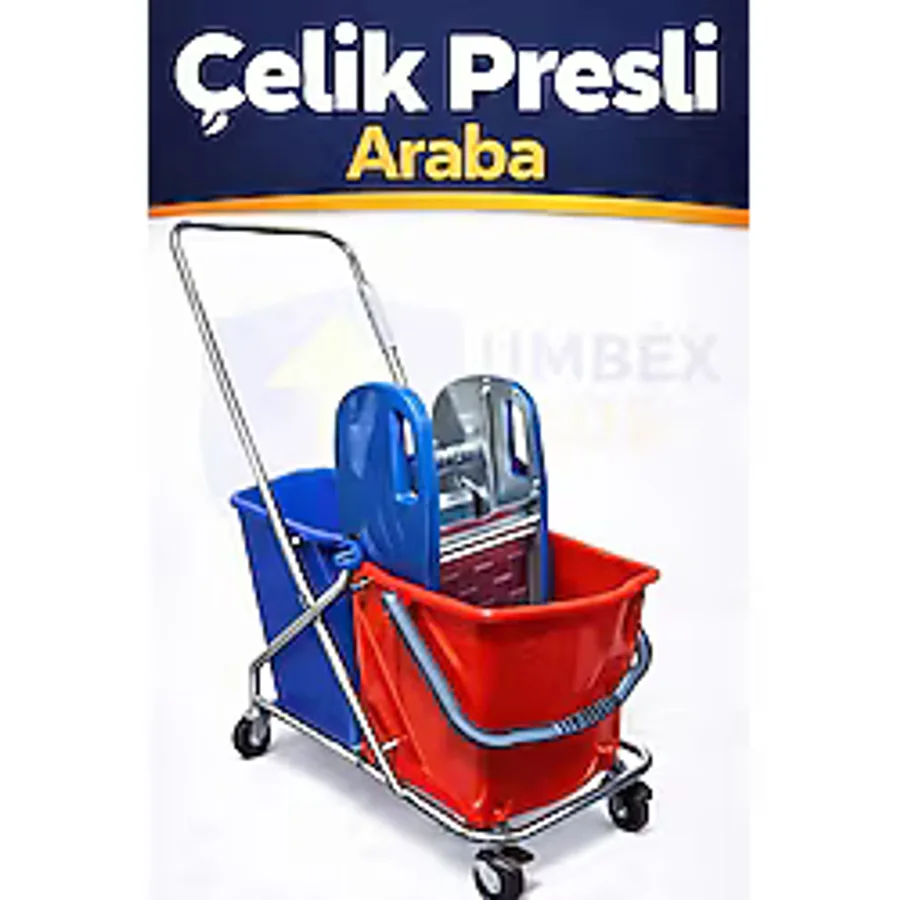 Umbex Çift Kovalı Paspas Arabası Krom Çelik Presli Temizlik Arabası Temizlik Seti - Kırmızı - Mavi