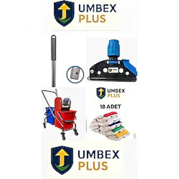 Umbex Plus -Çift Kovalı Krom Temizlik Arabası Paspas Arabası Islak Mop Seti 10 Adet Mop