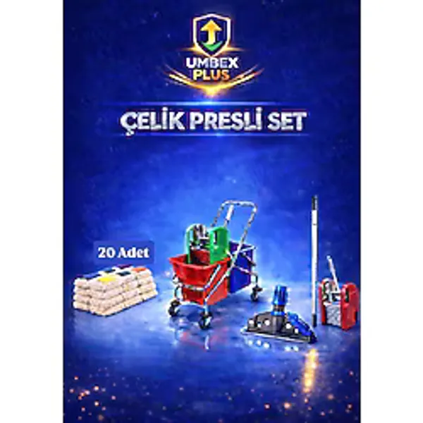 Umbex Plus Çift Kovalı Paspas Arabası Krom Çelik Presli Temizlik Arabası Seti Islak Mop Seti. 20 Islak Mop